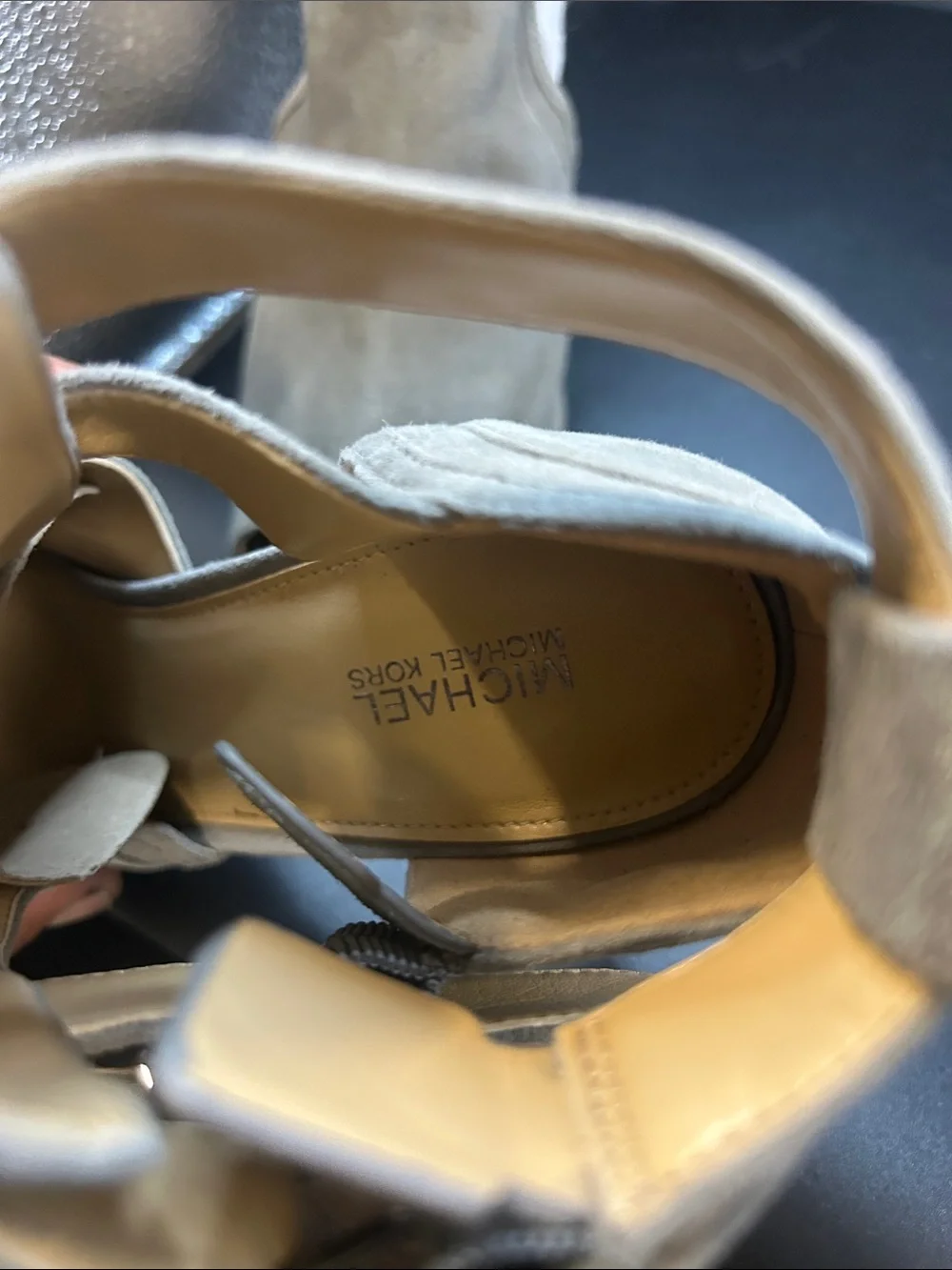Michael Kors Taupe Suede Peep-Toe Buckle Mules